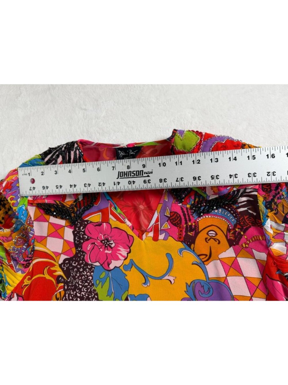 VINTAGE Diane Freis Petites Womens Multicolor Abstract Georgette Beaded Blouse - Picture 7 of 9